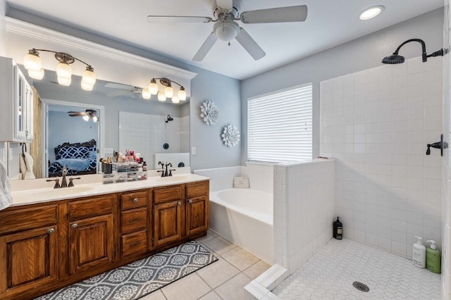 6628 Bernice Ave, Springdale, AR 72762 - ensuite bathroom featuring a ceiling fan, a walk in shower, a garden tub, tile patterned flooring, and double vanity