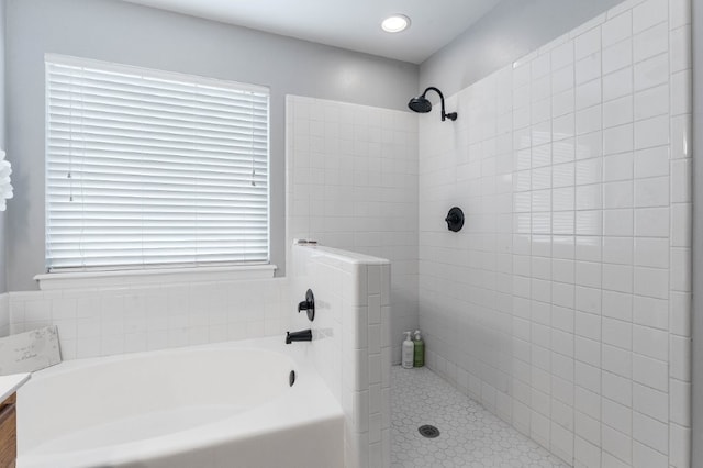 6628 Bernice Ave, Springdale, AR 72762 - bathroom featuring tiled shower, a bath, vanity, and tile patterned floors