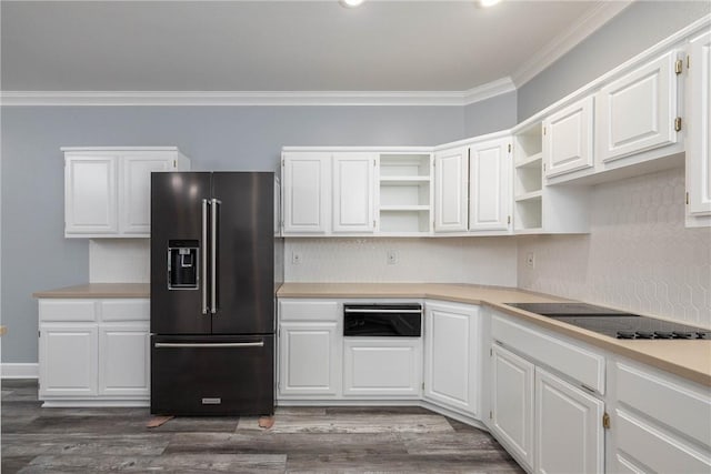 624 Sonoma Cir, Fayetteville, AR 72703 - kitchen featuring white cabinets, open shelves, ornamental molding, dark wood finished floors, and black appliances