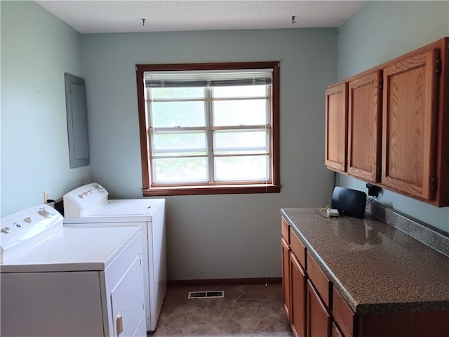 1003 Freeman Ave, Berryville, AR 72616 - laundry room featuring washer and clothes dryer, electric panel, cabinet space, and baseboards