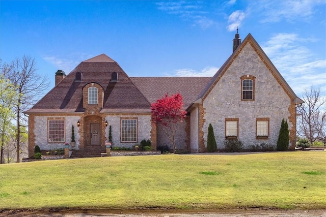 17793 Bluffview Dr, Springdale, AR 72764 - french country style house with a chimney, a front yard, and stone siding