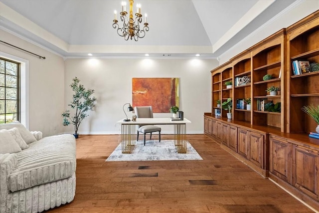17793 Bluffview Dr, Springdale, AR 72764 - home office with a chandelier, wood-type flooring, high vaulted ceiling, and recessed lighting