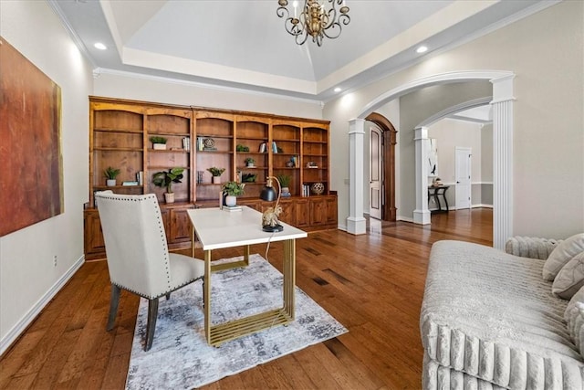 17793 Bluffview Dr, Springdale, AR 72764 - office area featuring ornate columns, arched walkways, dark wood-type flooring, and recessed lighting