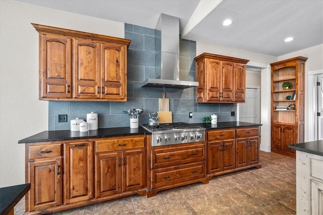 17793 Bluffview Dr, Springdale, AR 72764 - kitchen featuring stainless steel gas stovetop, wall chimney range hood, open shelves, dark countertops, and backsplash