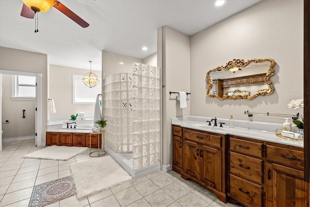 17793 Bluffview Dr, Springdale, AR 72764 - bathroom with walk in shower, a ceiling fan, vanity, and tile patterned floors