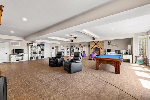 17793 Bluffview Dr, Springdale, AR 72764 - playroom with billiards table, tile patterned flooring, a fireplace, beamed ceiling, and recessed lighting