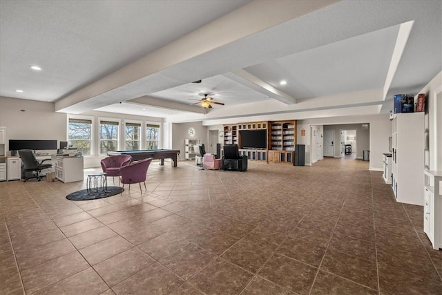 17793 Bluffview Dr, Springdale, AR 72764 - living area with recessed lighting, billiards, an office area, beam ceiling, and ceiling fan