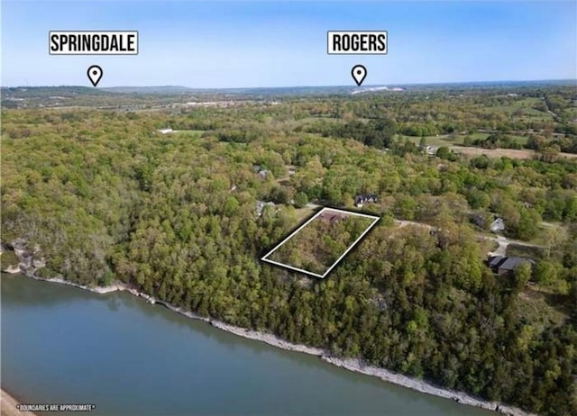 17793 Bluffview Dr, Springdale, AR 72764 - aerial view of property and surrounding area with property boundaries highlighted and a large body of water