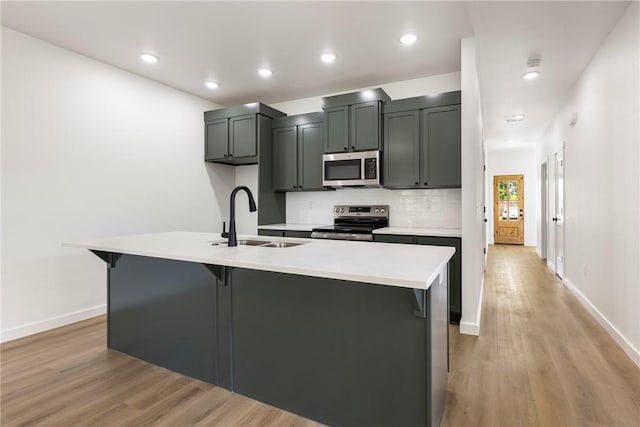 730 N 5th St, Rogers, AR 72756 - kitchen with appliances with stainless steel finishes, a kitchen bar, light wood-style flooring, light countertops, and backsplash