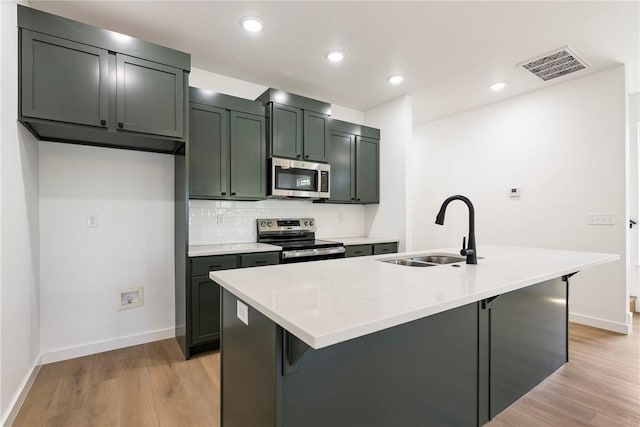 730 N 5th St, Rogers, AR 72756 - kitchen featuring appliances with stainless steel finishes, light wood-style flooring, a kitchen island with sink, backsplash, and recessed lighting