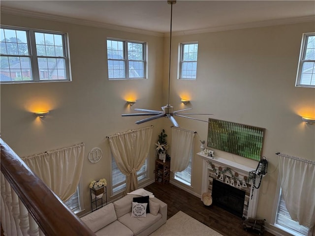 2110 W 8th St, Russellville, AR 72801 - living room featuring wood finished floors, healthy amount of natural light, ornamental molding, a stone fireplace, and a ceiling fan