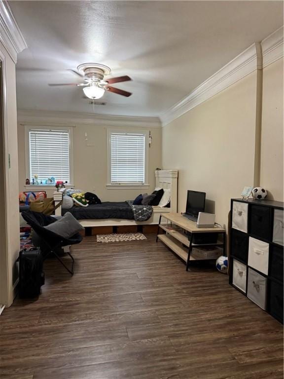 2110 W 8th St, Russellville, AR 72801 - home office featuring crown molding, plenty of natural light, a ceiling fan, and dark wood finished floors