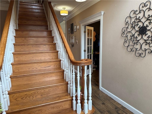 2110 W 8th St, Russellville, AR 72801 - staircase featuring wood finished floors, baseboards, and crown molding