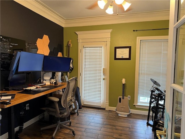 2110 W 8th St, Russellville, AR 72801 - office featuring ornamental molding, hardwood / wood-style floors, ceiling fan, and baseboards