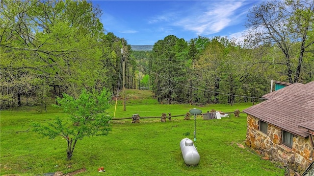 view of green lawn with a forest view