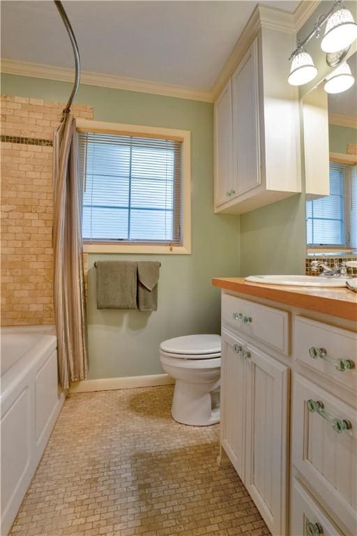 203 N Oklahoma Way, Fayetteville, AR 72701 - bathroom featuring toilet, ornamental molding, vanity, shower / bathtub combination with curtain, and brick patterned flooring