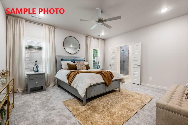 bedroom featuring light colored carpet, ceiling fan, visible vents, and recessed lighting