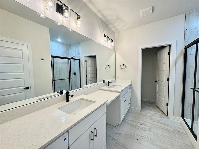 4903 SW Wakanda St, Bentonville, AR 72713 - full bathroom featuring a stall shower, double vanity, and marble finish flooring