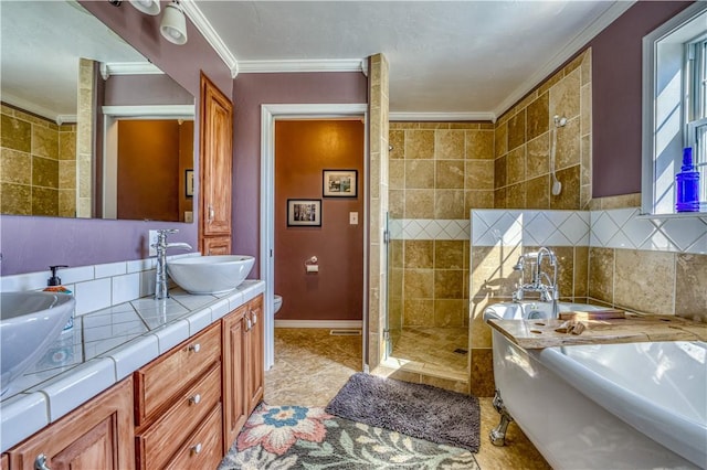 bathroom with a sink, ornamental molding, toilet, double vanity, and a stall shower