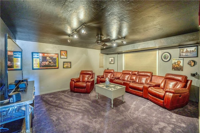 carpeted living room featuring baseboards and rail lighting