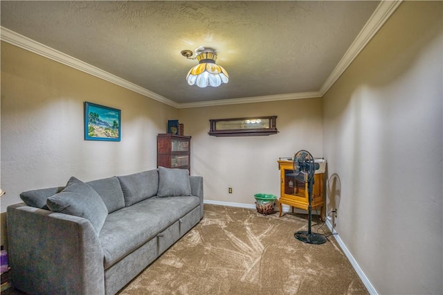living area with baseboards, a textured ceiling, crown molding, and carpet floors