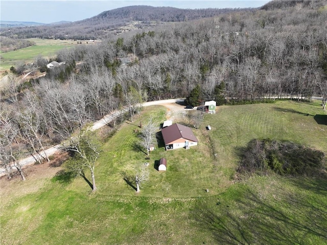 aerial view featuring a view of trees and a mountain view