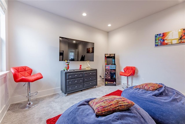 bedroom with recessed lighting, baseboards, and carpet floors