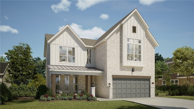1401 W Brooks Pl, Rogers, AR 72758 - modern farmhouse style home featuring driveway, a garage, board and batten siding, brick siding, and a standing seam roof