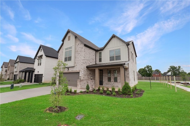 1401 W Brooks Pl, Rogers, AR 72758 - view of front of property featuring an attached garage, a standing seam roof, concrete driveway, brick siding, and board and batten siding