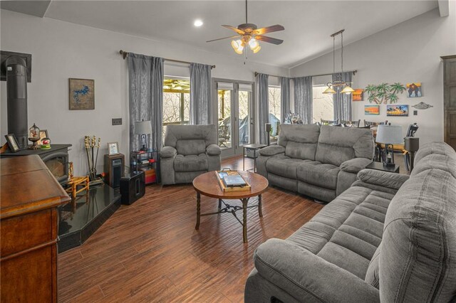 21413 Lakeview Dr, Garfield, AR 72732 - living area featuring ceiling fan, a wood stove, vaulted ceiling, recessed lighting, and wood finished floors