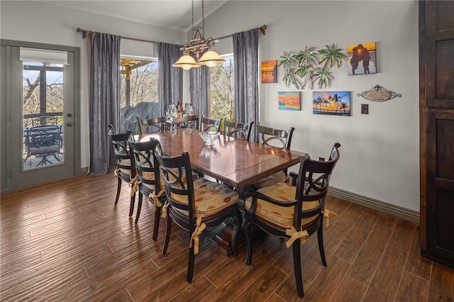 21413 Lakeview Dr, Garfield, AR 72732 - dining room with dark wood-style floors, baseboards, and vaulted ceiling
