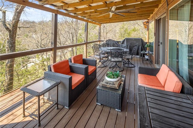21413 Lakeview Dr, Garfield, AR 72732 - wooden terrace featuring grilling area, outdoor dining space, and ceiling fan