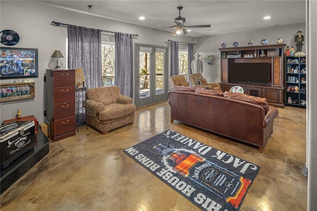 21413 Lakeview Dr, Garfield, AR 72732 - living area with recessed lighting, finished concrete floors, and a ceiling fan