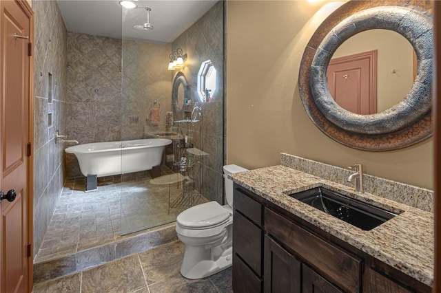 21413 Lakeview Dr, Garfield, AR 72732 - bathroom featuring vanity, a stall shower, toilet, stone tile flooring, and tile walls