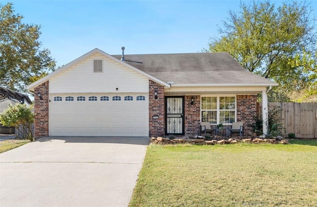 ranch-style house with a front yard, fence, brick siding, an attached garage, and concrete driveway