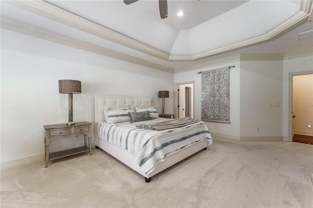 bedroom with crown molding, baseboards, a ceiling fan, and carpet flooring
