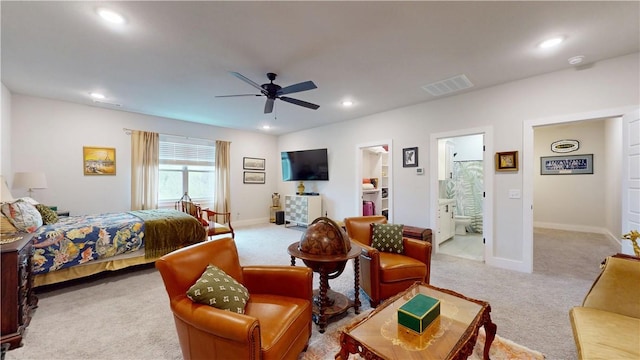 bedroom featuring recessed lighting, baseboards, light colored carpet, and visible vents