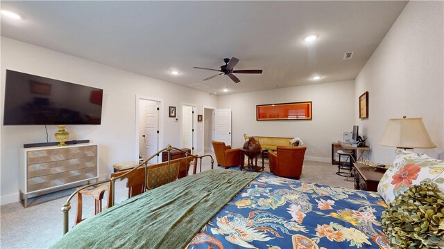 carpeted bedroom with recessed lighting, baseboards, visible vents, and a ceiling fan