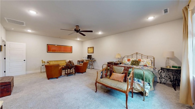 carpeted bedroom featuring visible vents, recessed lighting, and baseboards