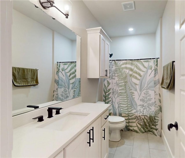 full bath with visible vents, tile patterned floors, vanity, toilet, and recessed lighting