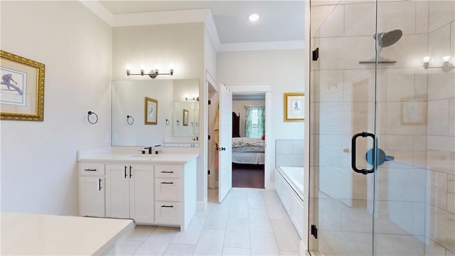 full bathroom with a stall shower, vanity, tile patterned floors, ensuite bathroom, and recessed lighting
