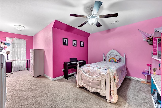 bedroom with ceiling fan, carpet, baseboards, and visible vents