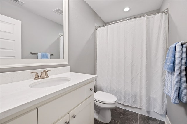 full bath featuring visible vents, toilet, recessed lighting, and vanity