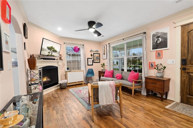 708 NW B St, Bentonville, AR 72712 - living room featuring ceiling fan, ornamental molding, a lit fireplace, and light wood-type flooring