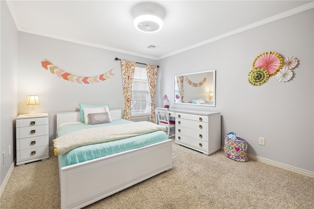 bedroom featuring baseboards, visible vents, crown molding, and carpet floors