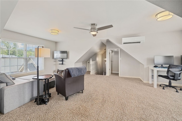 705 SW Maidstone Ave, Bentonville, AR 72712 - carpeted living area with a wall mounted air conditioner, ceiling fan, an office area, and baseboards