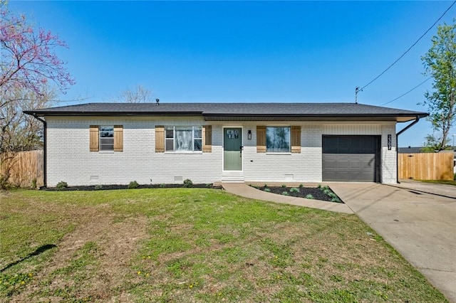 ranch-style house with a front yard, crawl space, a garage, fence, and concrete driveway