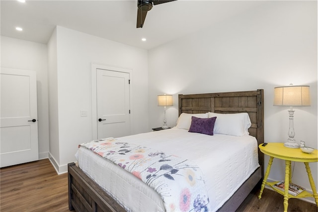 bedroom featuring recessed lighting, baseboards, a ceiling fan, and wood finished floors