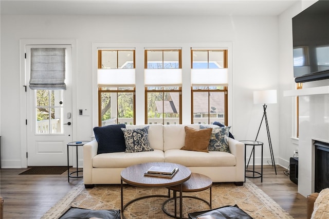 living area with baseboards and wood finished floors