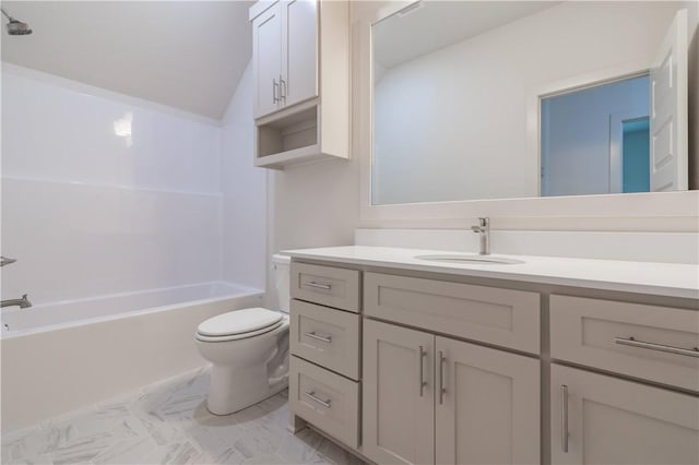 full bath featuring toilet, vanity, vaulted ceiling, tub / shower combination, and marble finish floors